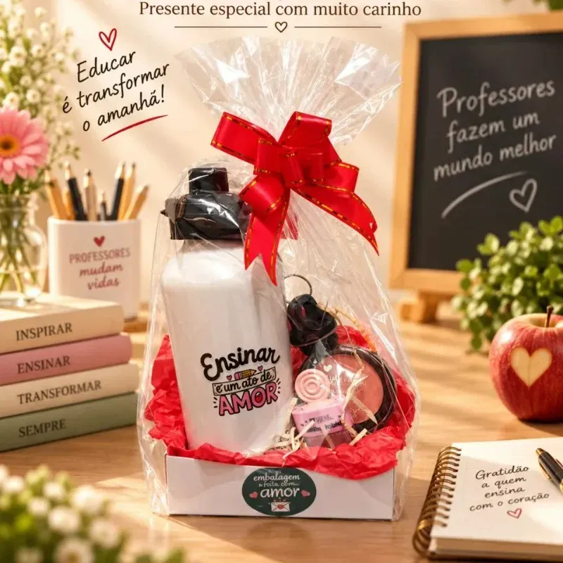 Kit dos professores com squeeze + Maquiagem
